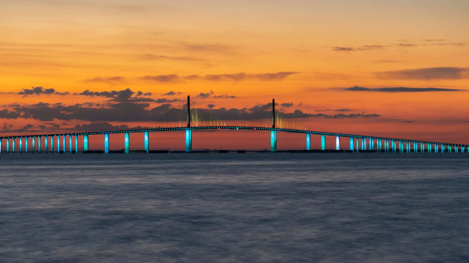 The Sunshine Skyway Bridge at sunset.