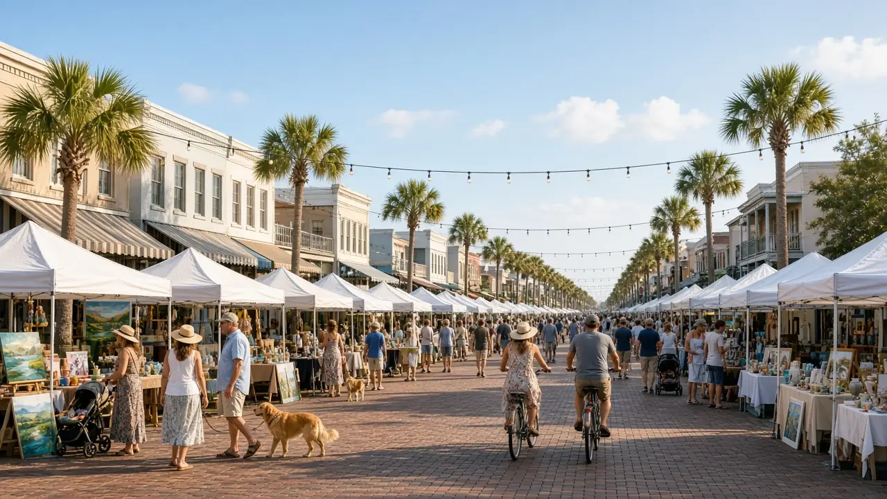 A sunny main street art show with white tents, palm trees and people out for the weekend.
